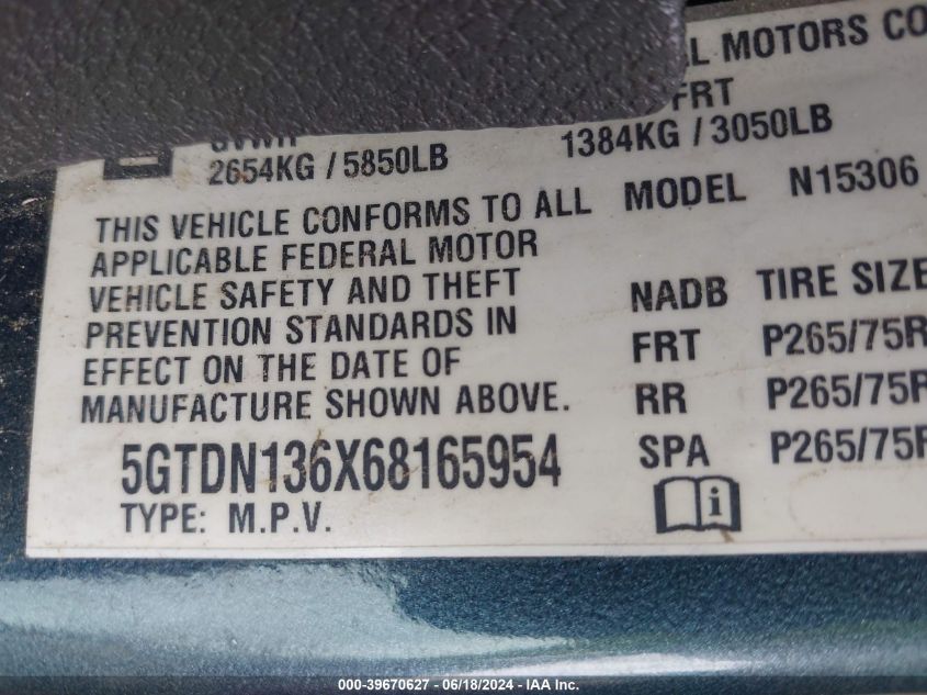 2006 Hummer H3 Suv VIN: 5GTDN136X68165954 Lot: 39670627