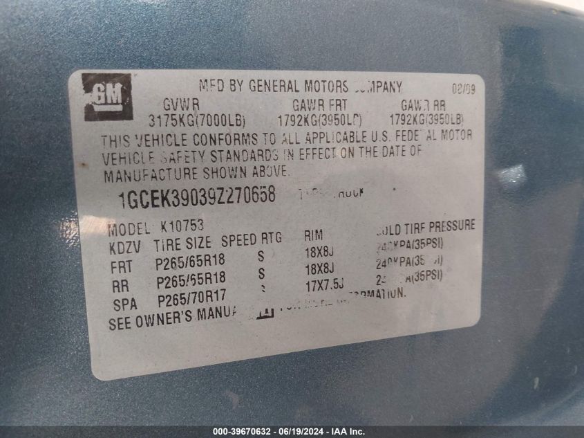 2009 Chevrolet Silverado 1500 Ltz VIN: 1GCEK39039Z270658 Lot: 39670632