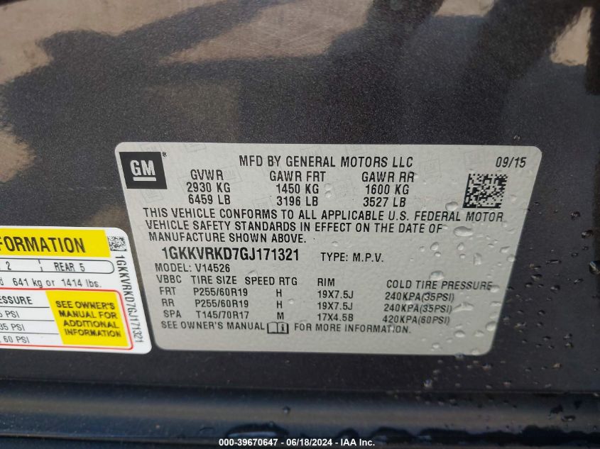 2016 GMC Acadia Slt-1 VIN: 1GKKVRKD7GJ171321 Lot: 39670647