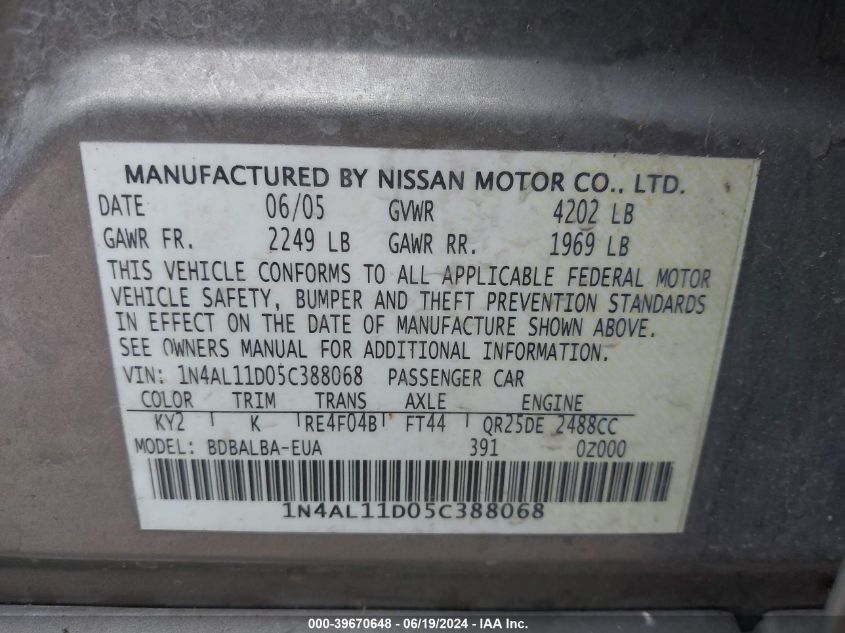 2005 Nissan Altima S/Sl VIN: 1N4AL11D05C388068 Lot: 39670648