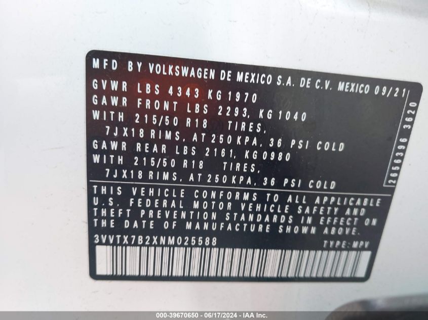 3VVTX7B2XNM025588 2022 Volkswagen Taos 1.5T Se