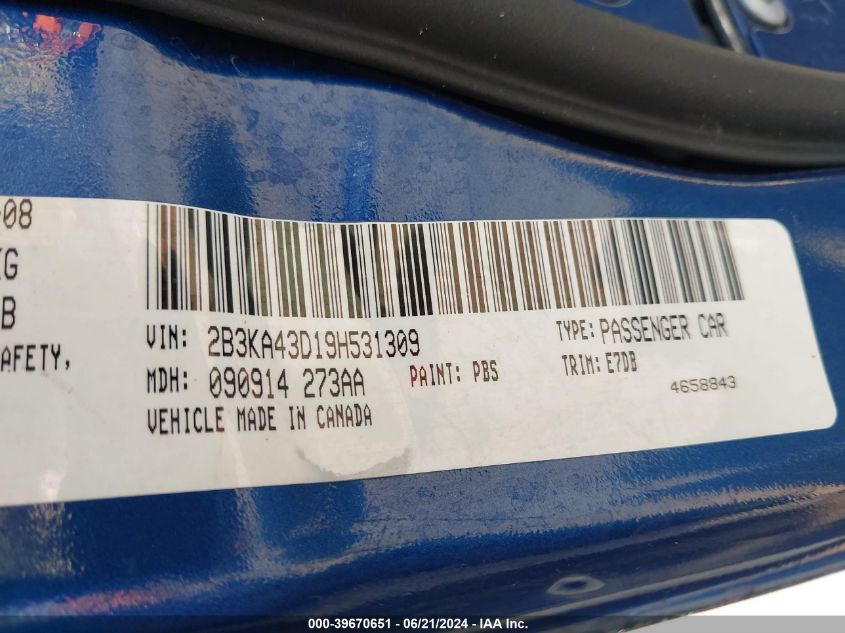 2009 Dodge Charger Se VIN: 2B3KA43D19H531309 Lot: 39670651