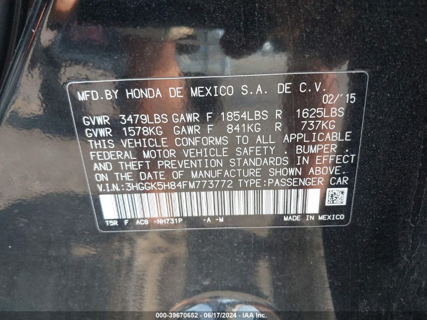 2015 Honda Fit Ex/Ex-L VIN: 3HGGK5H84FM773772 Lot: 39670652