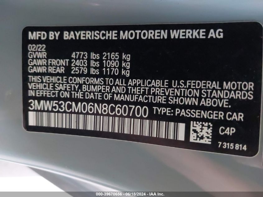 2022 BMW M240 I xDrive VIN: 3MW53CM06N8C60700 Lot: 39670656