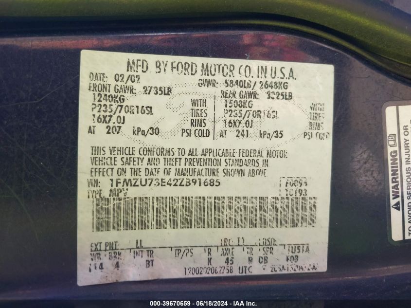 2002 Ford Explorer Xlt VIN: 1FMZU73E42ZB91685 Lot: 39670659