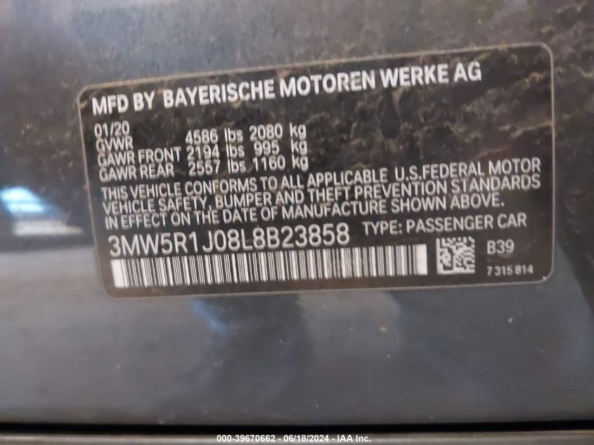 2020 BMW 330I VIN: 3MW5R1J08L8B23858 Lot: 39670662