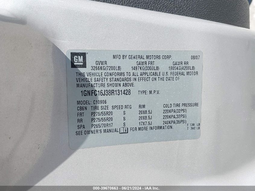 2008 Chevrolet Suburban 1500 C1500 Ls VIN: 1GNFC16J38R131428 Lot: 39670663