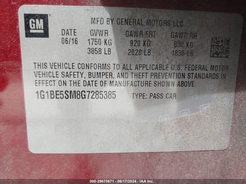 2016 Chevrolet Cruze Lt Auto VIN: 1G1BE5SM8G7285385 Lot: 39670671