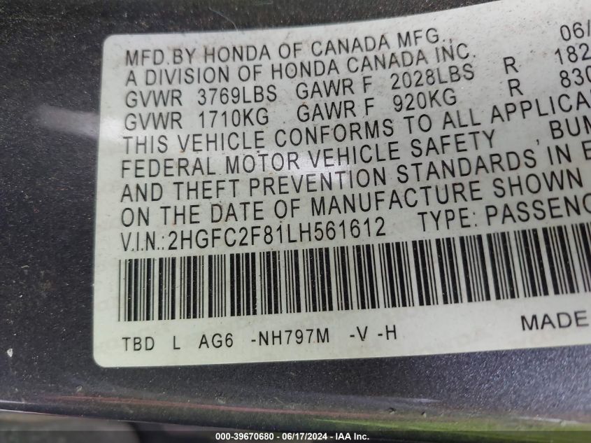 2020 Honda Civic Sport VIN: 2HGFC2F81LH561612 Lot: 39670680