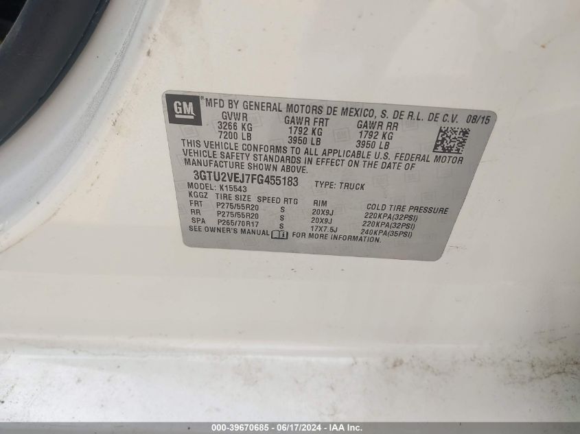 2015 GMC Sierra 1500 Slt VIN: 3GTU2VEJ7FG455183 Lot: 39670685