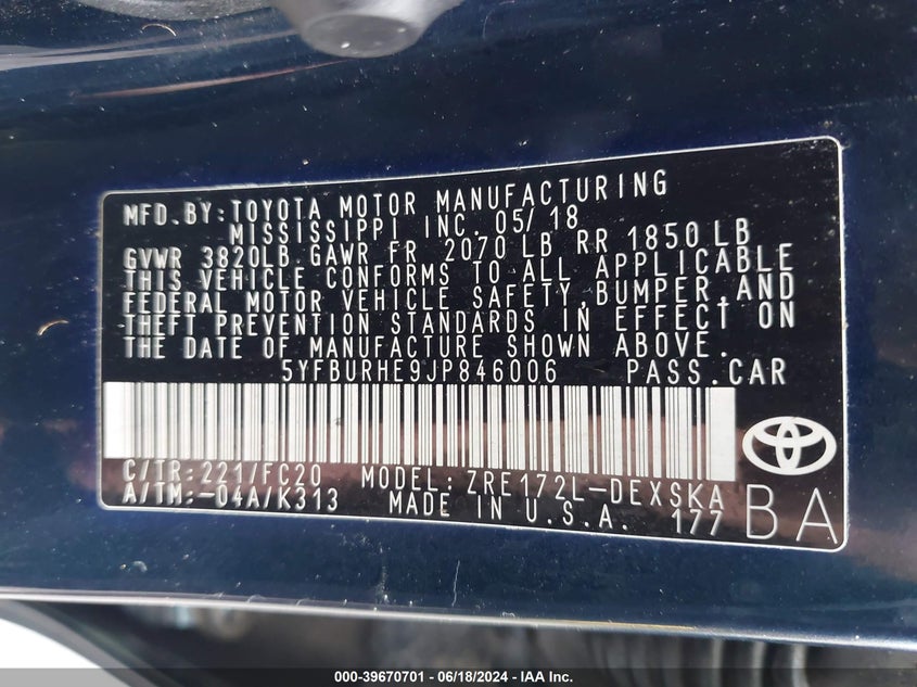 2018 TOYOTA COROLLA SE - 5YFBURHE9JP846006