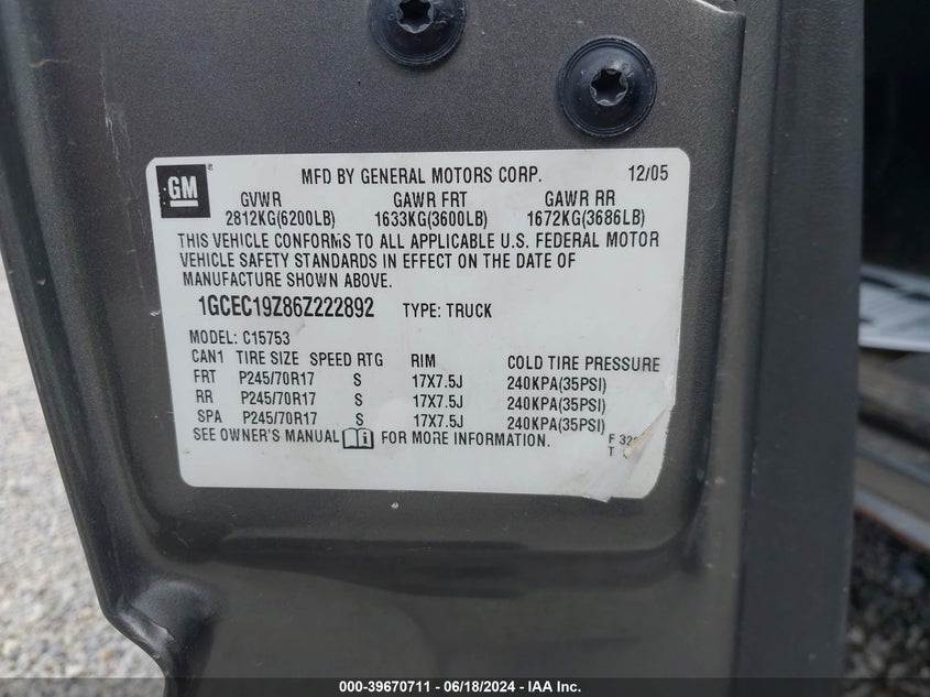 2006 Chevrolet Silverado 1500 Work Truck VIN: 1GCEC19Z86Z222892 Lot: 39670711