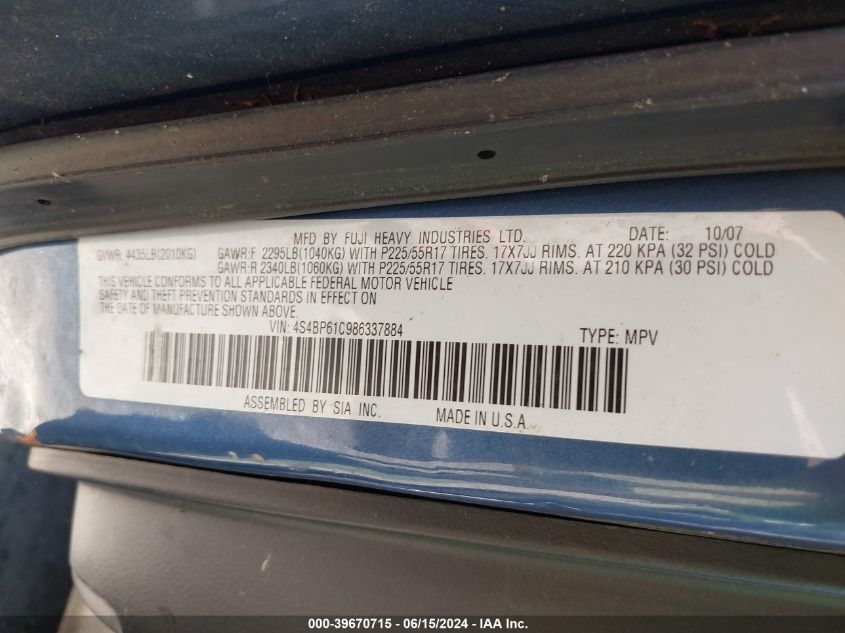 4S4BP61C986337884 | 2008 SUBARU OUTBACK