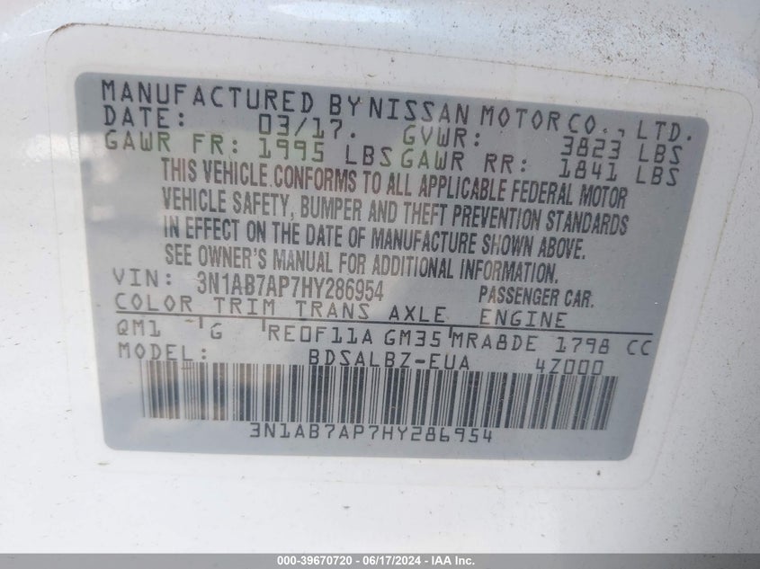 2017 Nissan Sentra S VIN: 3N1AB7AP7HY286954 Lot: 39670720