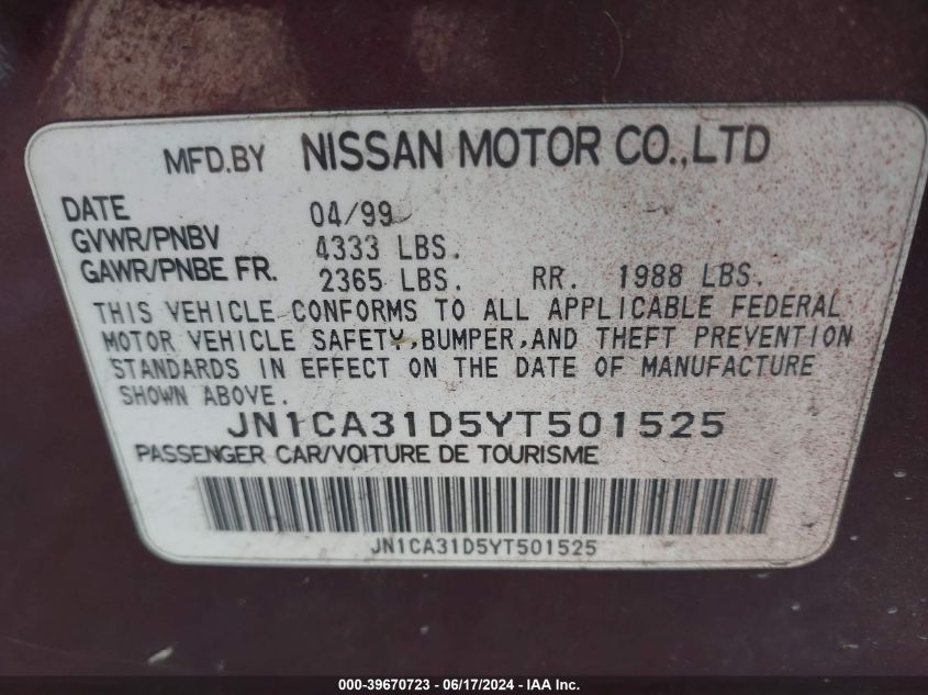 2000 Nissan Maxima Gle/Gxe/Se VIN: JN1CA31D5YT501525 Lot: 39670723