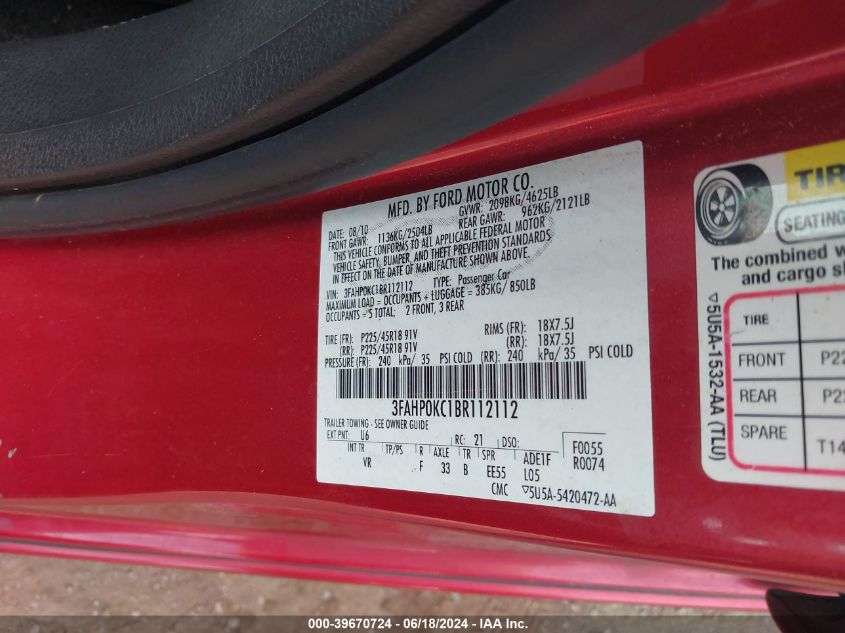 2011 Ford Fusion Sport VIN: 3FAHP0KC1BR112112 Lot: 39670724