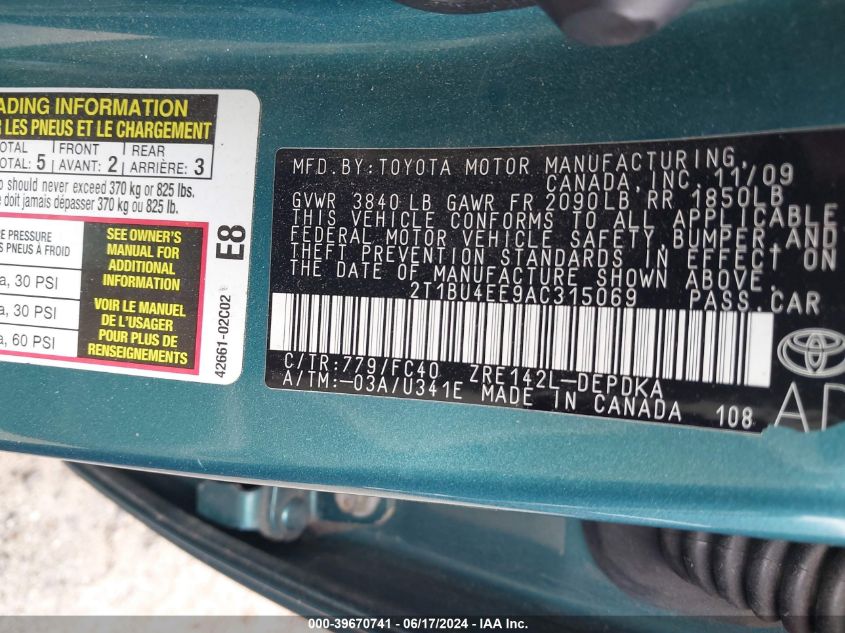 2010 Toyota Corolla Le VIN: 2T1BU4EE9AC315069 Lot: 39670741