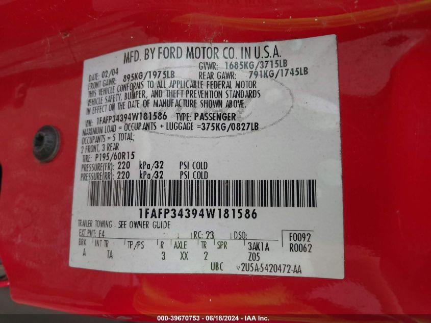 1FAFP34394W181586 2004 Ford Focus Se