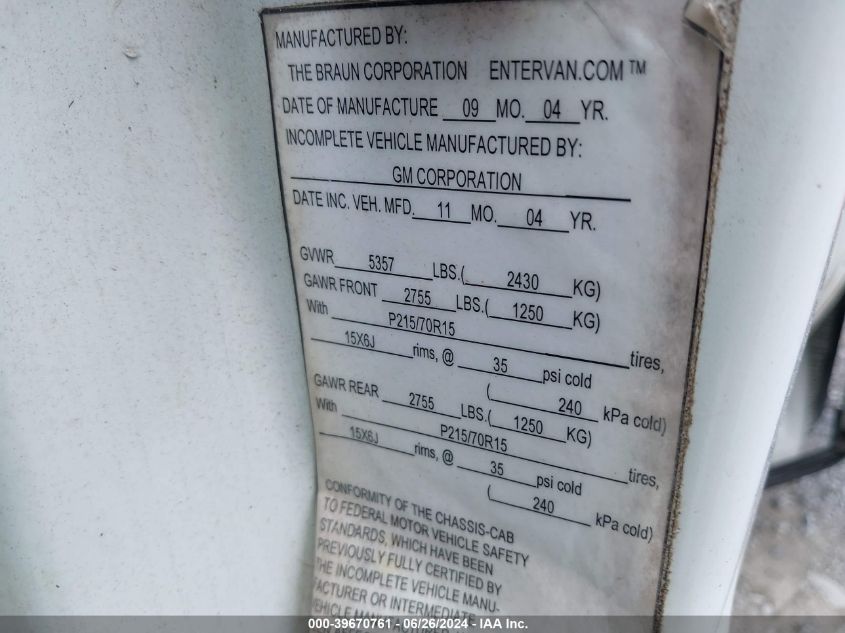 2005 Chevrolet Venture Plus VIN: 1GBDV13E95D134848 Lot: 39670761