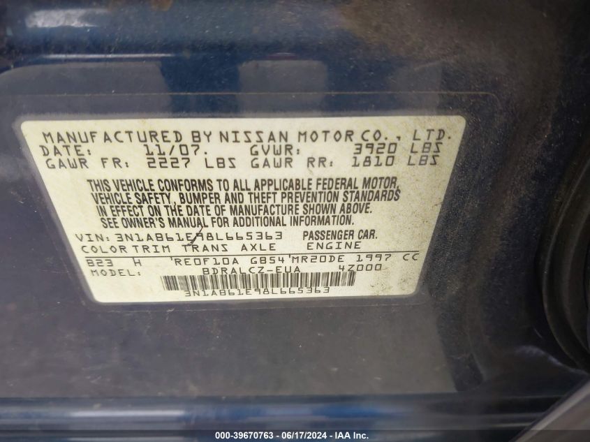 2008 Nissan Sentra 2.0 VIN: 3N1AB61E98L665363 Lot: 39670763