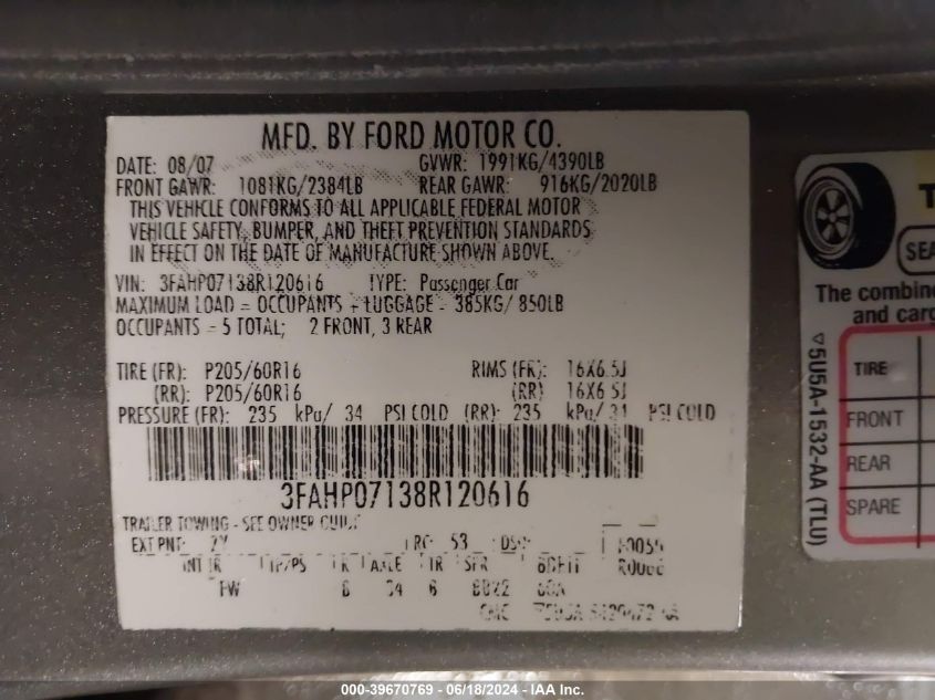 2008 Ford Fusion Se VIN: 3FAHP07138R120616 Lot: 39670769