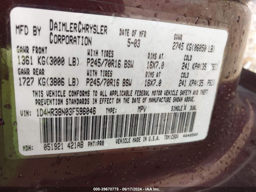 2003 Dodge Durango Sport/Sxt VIN: 1D4HR38N03F596046 Lot: 39670775