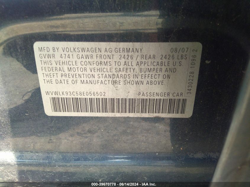 2008 Volkswagen Passat Komfort VIN: WVWLK93C58E056502 Lot: 39670778