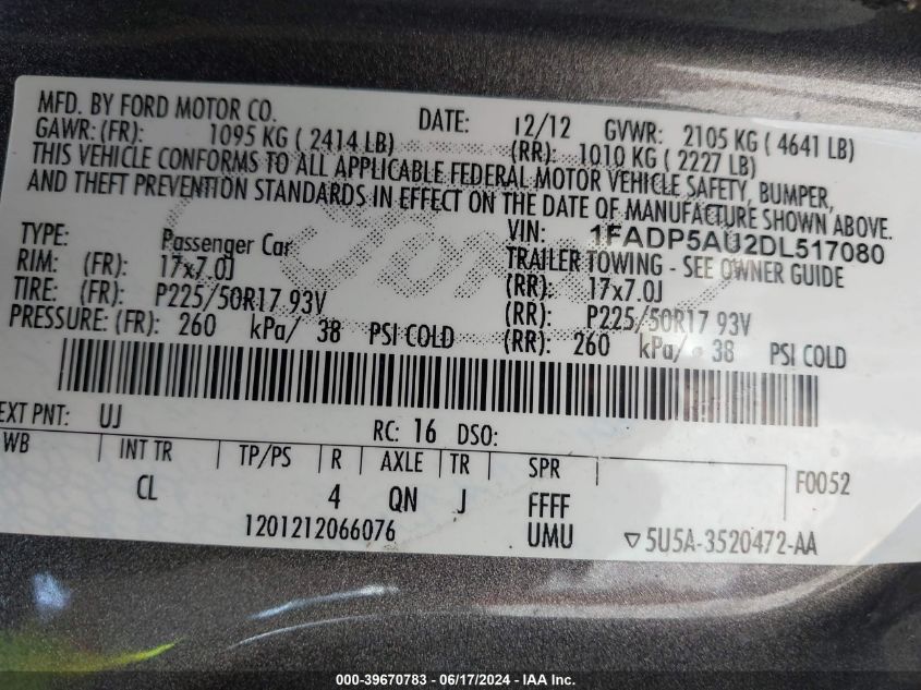 2013 Ford C-Max Hybrid Se VIN: 1FADP5AU2DL517080 Lot: 39670783