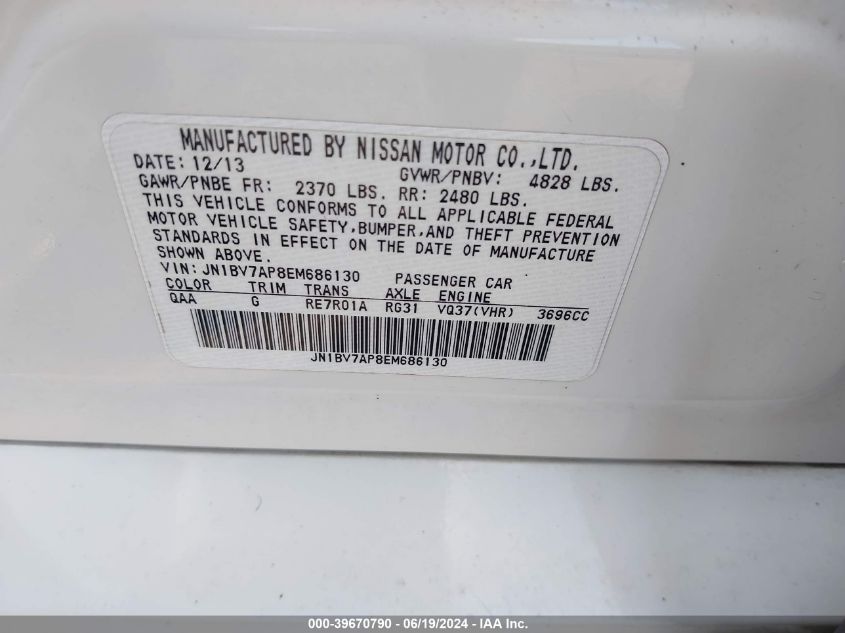 2014 Infiniti Q50 Premium/Sport VIN: JN1BV7AP8EM686130 Lot: 39670790