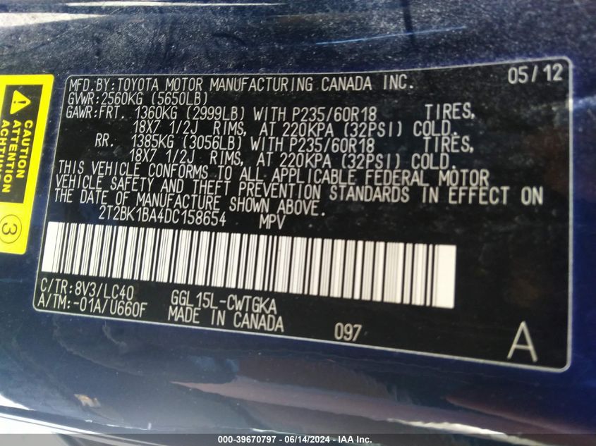 2013 Lexus Rx 350 VIN: 2T2BK1BA4DC158654 Lot: 39670797