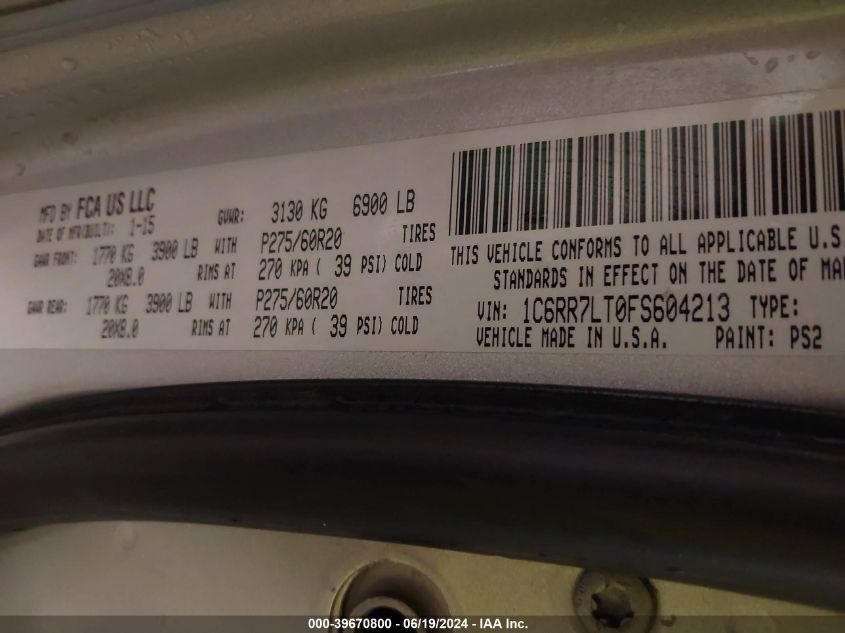 2015 Ram 1500 Big Horn VIN: 1C6RR7LT0FS604213 Lot: 39670800
