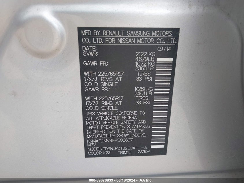 2015 Nissan Rogue S VIN: KNMAT2MV4FP502667 Lot: 39670839