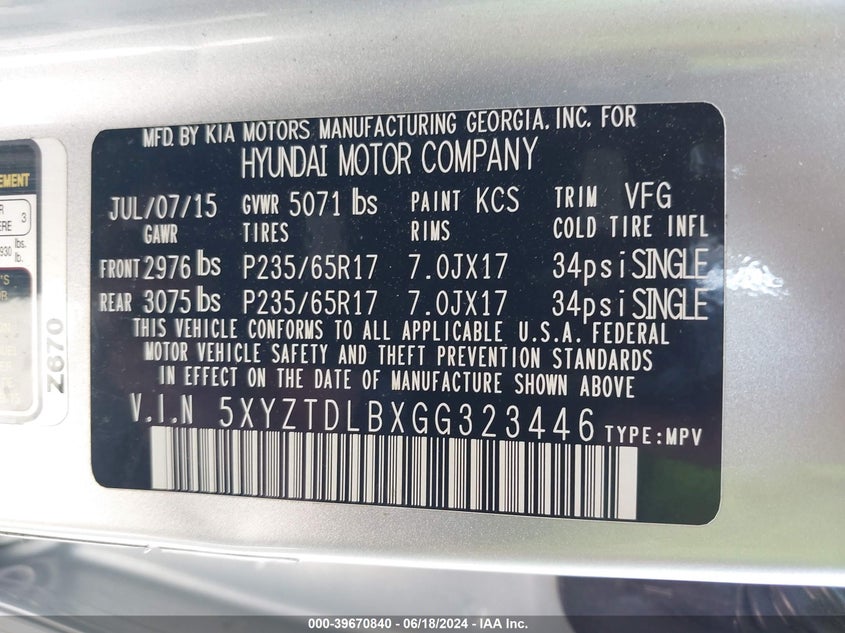 2016 Hyundai Santa Fe Sport 2.4L VIN: 5XYZTDLBXGG323446 Lot: 39670840