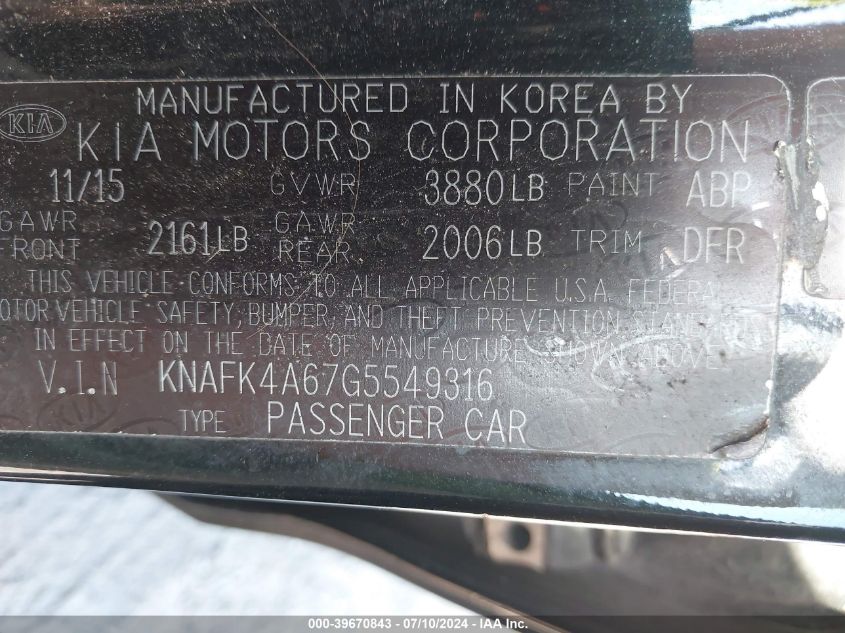 2016 Kia Forte Lx VIN: KNAFK4A67G5549316 Lot: 39670843