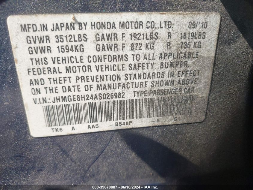 2010 Honda Fit VIN: JHMGE8H24AS026982 Lot: 39670887