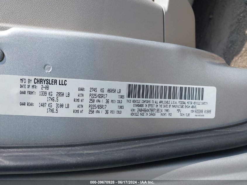 2008 Chrysler Town & Country Limited VIN: 2A8HR64X78R718514 Lot: 39670928