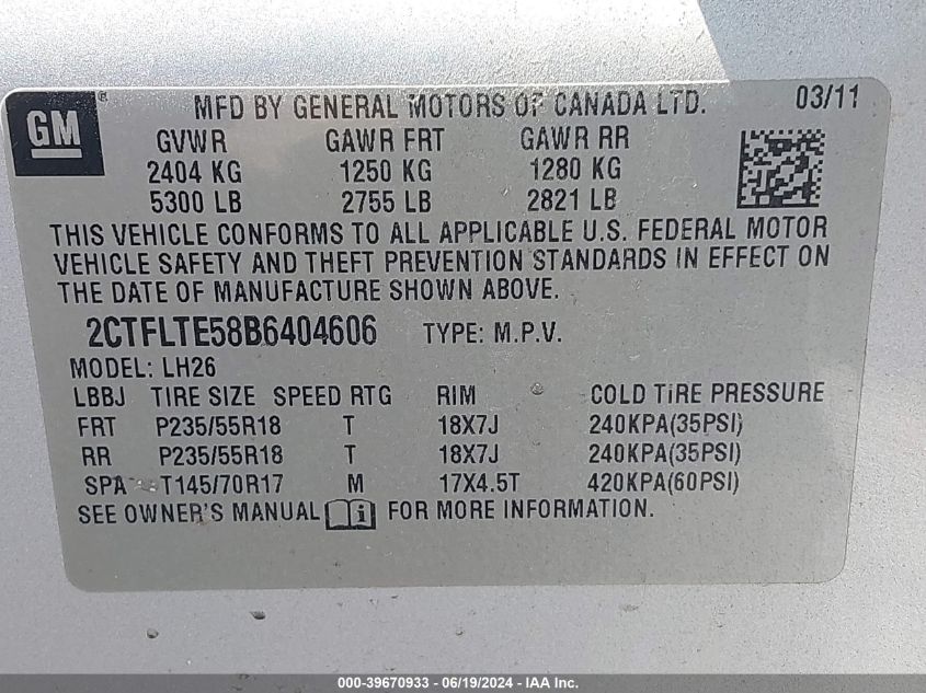 2011 GMC Terrain Sle-2 VIN: 2CTFLTE58B6404606 Lot: 39670933