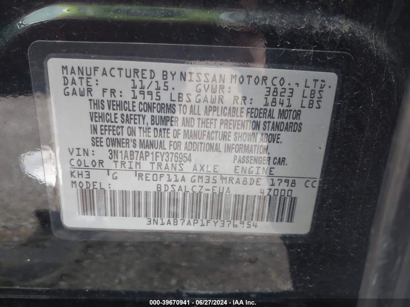 2015 Nissan Sentra S VIN: 3N1AB7AP1FY376954 Lot: 39670941