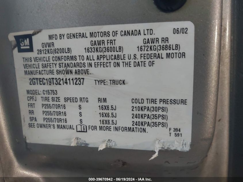 2002 GMC Sierra 1500 Sle VIN: 2GTEC19T321411237 Lot: 39670942