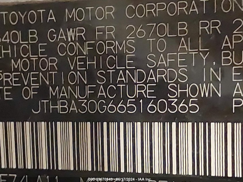 2006 Lexus Es 330 VIN: JTHBA30G665160365 Lot: 39670943