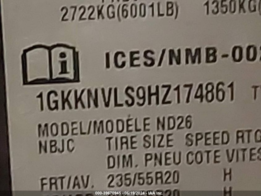 2017 GMC Acadia Slt-1 VIN: 1GKKNVLS9HZ174861 Lot: 39670945