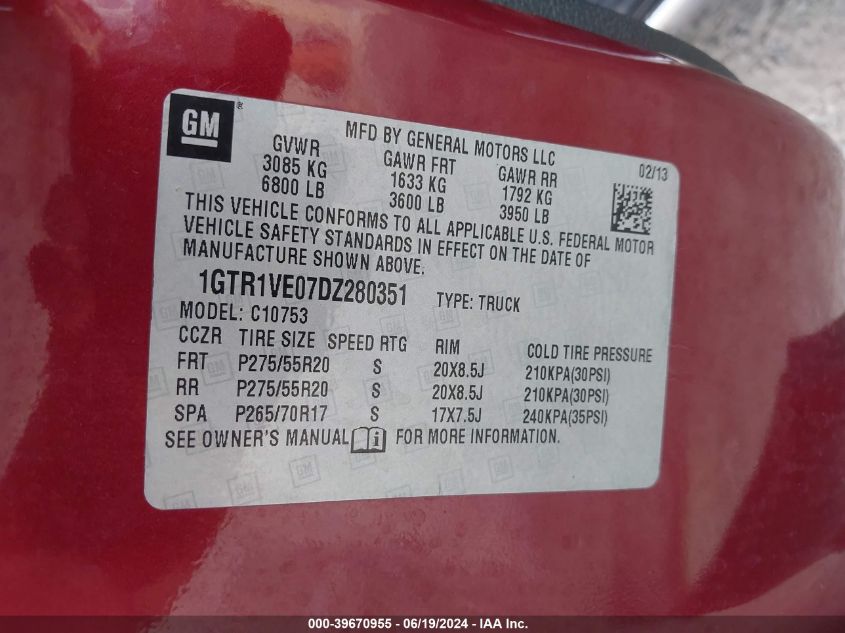 2013 GMC Sierra 1500 Sle VIN: 1GTR1VE07DZ280351 Lot: 39670955