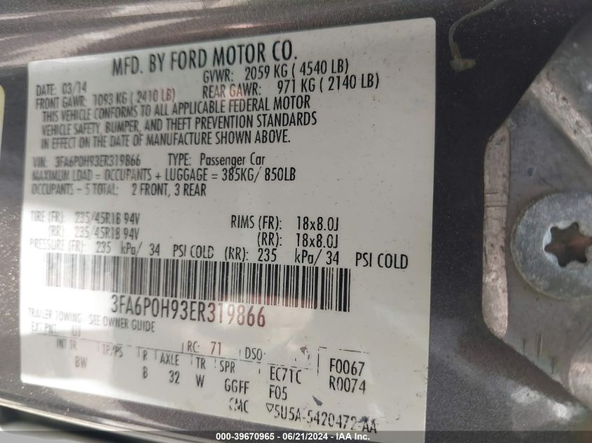 2014 FORD FUSION - 3FA6P0H93ER319866