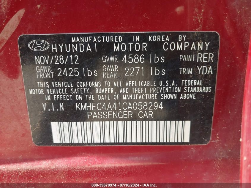 2012 Hyundai Sonata Hybrid VIN: KMHEC4A41CA058294 Lot: 39670974