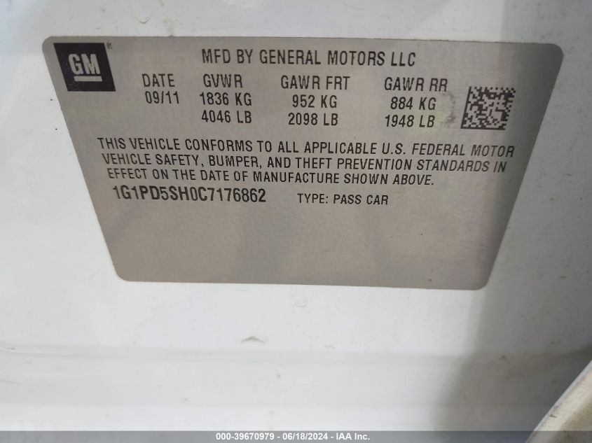 2012 Chevrolet Cruze Ls VIN: 1G1PD5SH0C7176862 Lot: 39670979