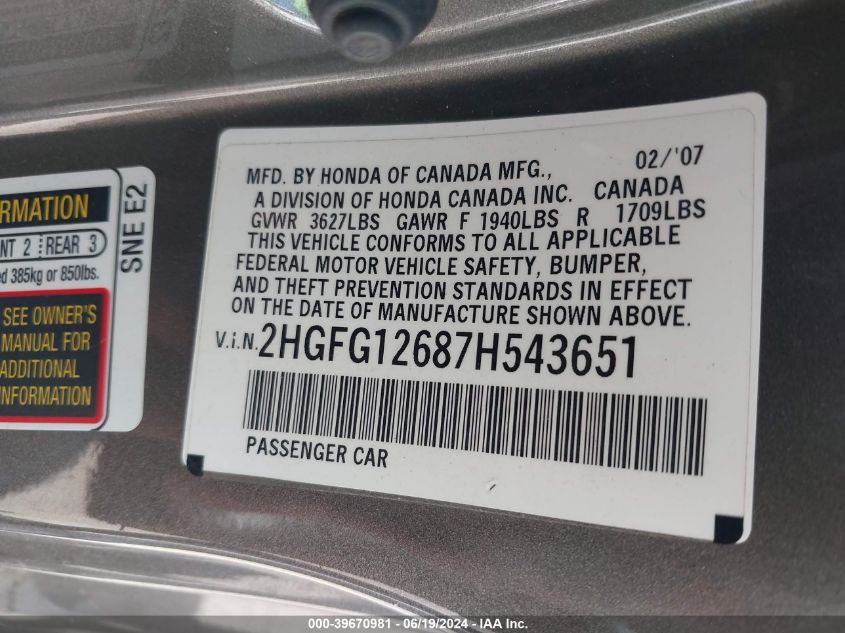 2007 Honda Civic Lx VIN: 2HGFG12687H543651 Lot: 39670981