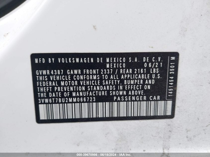 2021 Volkswagen Jetta Gli 2.0T Autobahn/2.0T S VIN: 3VW6T7BU2MM066723 Lot: 39670986