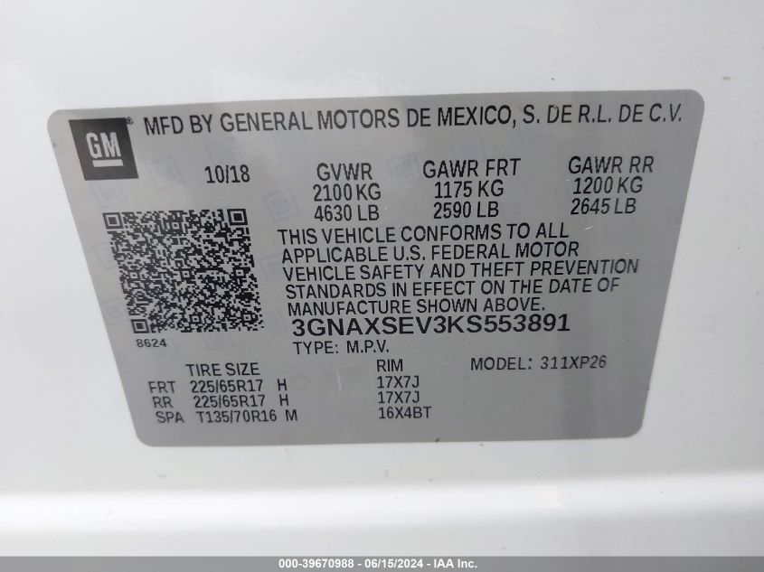 2019 Chevrolet Equinox Ls VIN: 3GNAXSEV3KS553891 Lot: 39670988