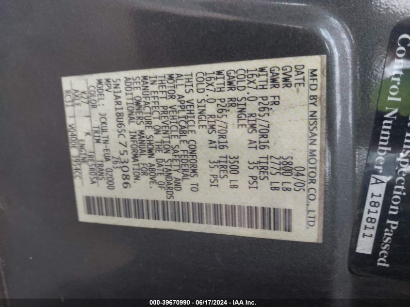 2005 Nissan Pathfinder Se VIN: 5N1AR18U65C753086 Lot: 39670990