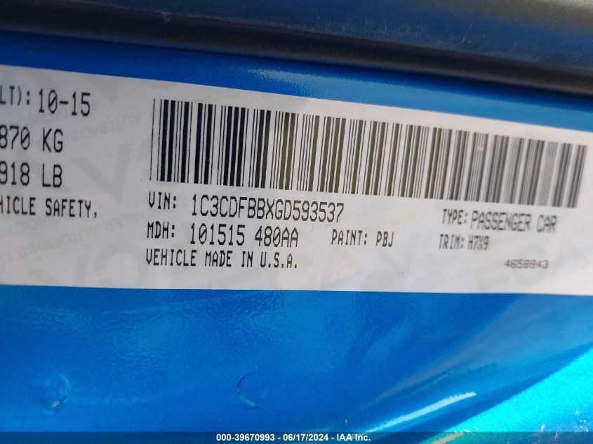 2016 Dodge Dart Sxt VIN: 1C3CDFBBXGD593537 Lot: 39670993